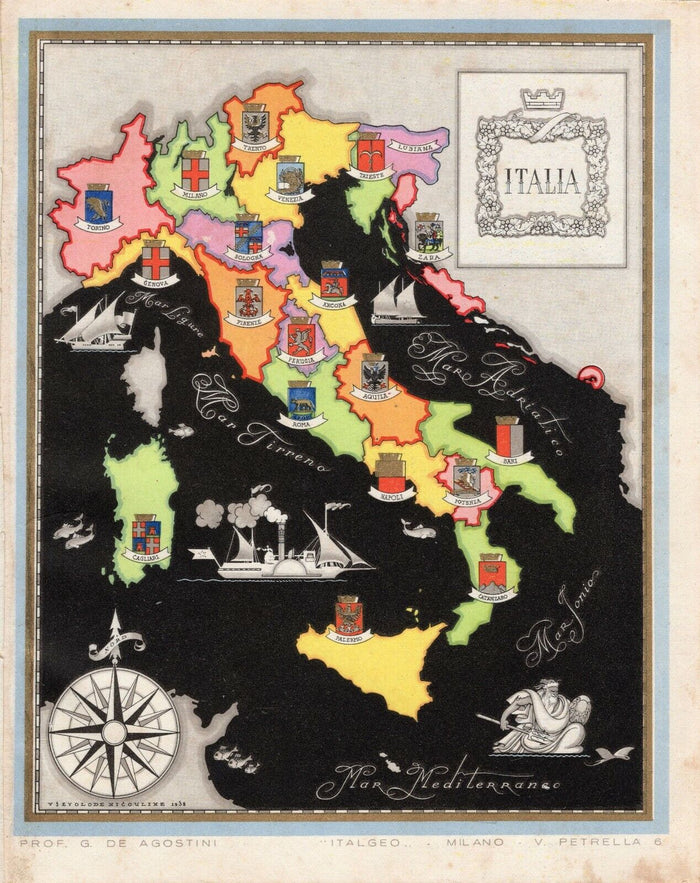 c.1941 Italia, Italy Pictorial Map De Agostini Nicouline Vsevolod Petrovic