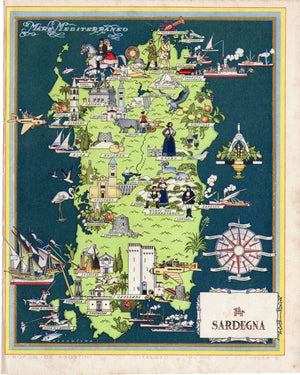 c.1941 Sardegna Sardinia Italy Pictorial Map De Agostini Nicouline Vsevolod Petrovic
