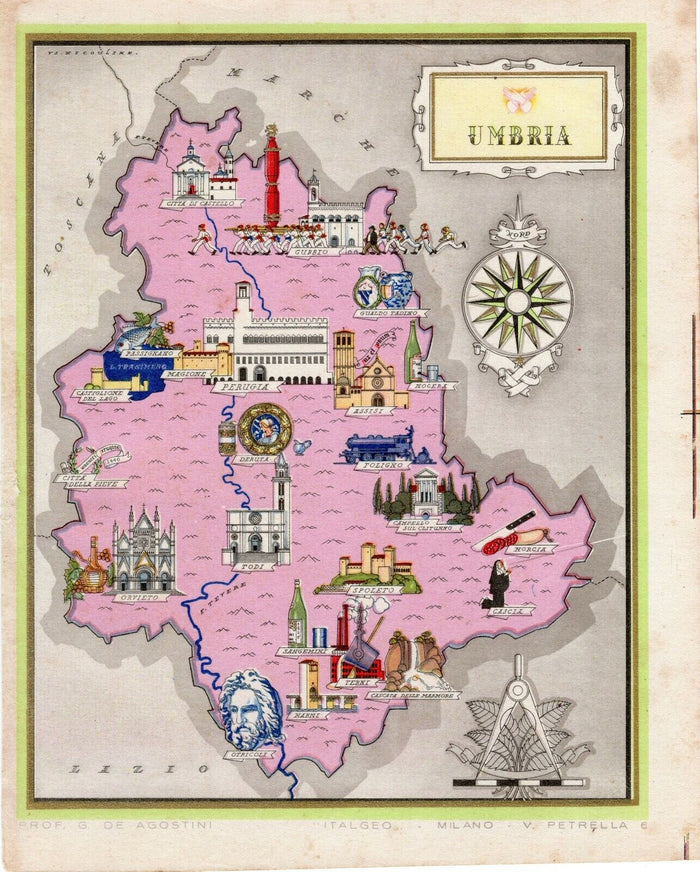 c.1941 Umbria Italy Pictorial Map De Agostini Nicouline Vsevolod Petrovic