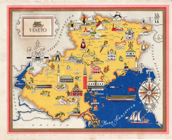 c.1941 Veneto Venetia Italy Pictorial Map De Agostini Nicouline Vsevolod Petrovic