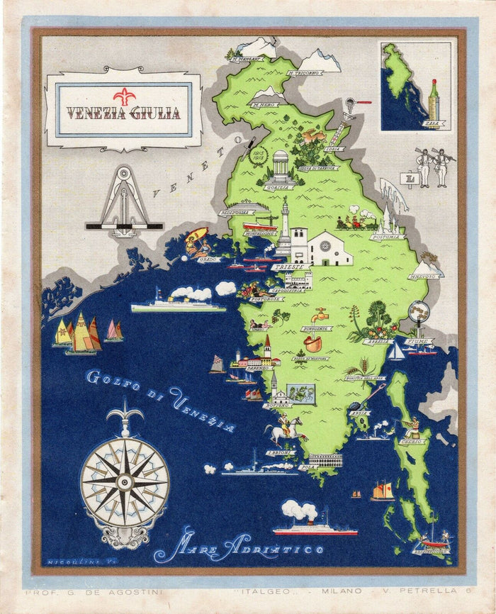 c.1941 Venezia Giulia Italy Pictorial Map De Agostini Nicouline Vsevolod Petrovic