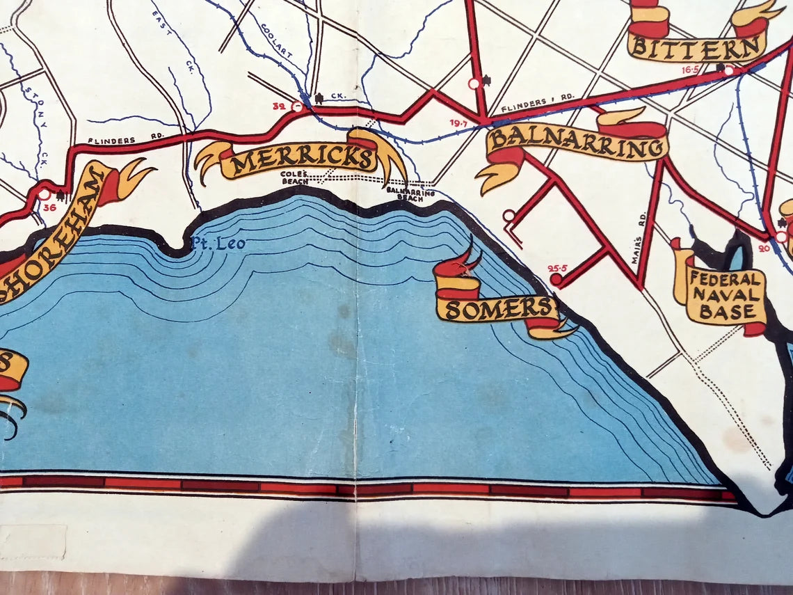 Very Rare c.1945 Mornington Peninsula Pictorial Map by Robert J. Amor Portsea, Sorrento Rye Rosebud Dromana Port Phillip Melbourne Australia