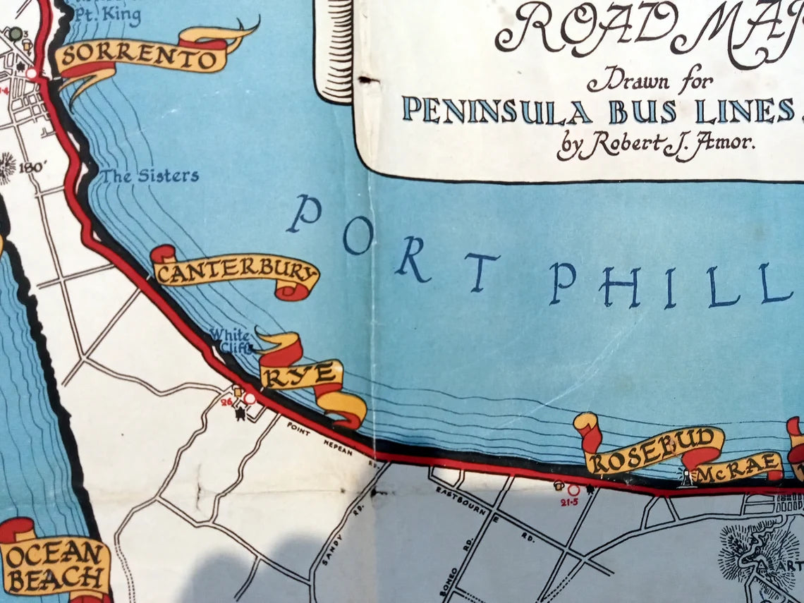 Very Rare c.1945 Mornington Peninsula Pictorial Map by Robert J. Amor Portsea, Sorrento Rye Rosebud Dromana Port Phillip Melbourne Australia
