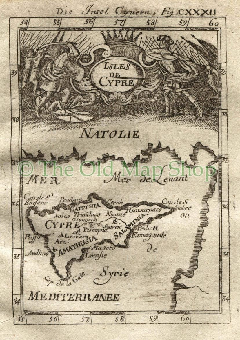 1719 Manesson Mallet Antique Map Isles de Cypre, Cyprus, Limassol, Nicosia, Turkey, published by Johann Adam Jung