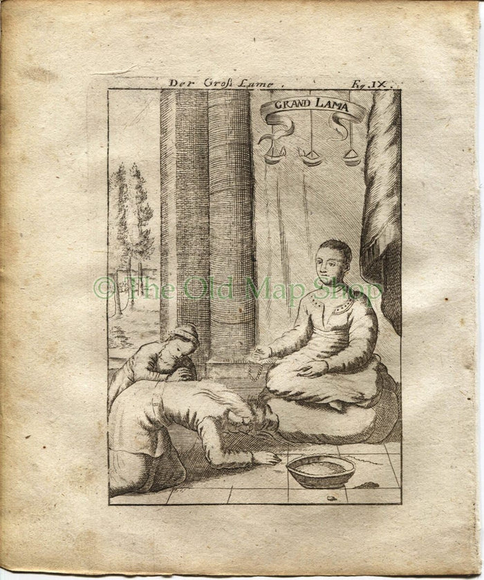 1719 Manesson Mallet "Grand Lama" 5th Dalai Lama (Ngawang Lobsang Gyatso) Tibet, Antique Print published by Johann Adam Jung