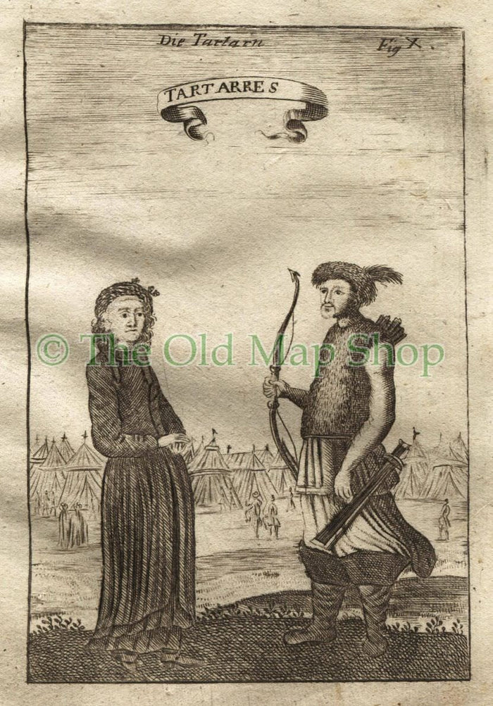 1719 Manesson Mallet "Tartarres" Central Asia, Warrior & Woman Sword, Bow and Arrow, Antique Print published by Johann Adam Jung