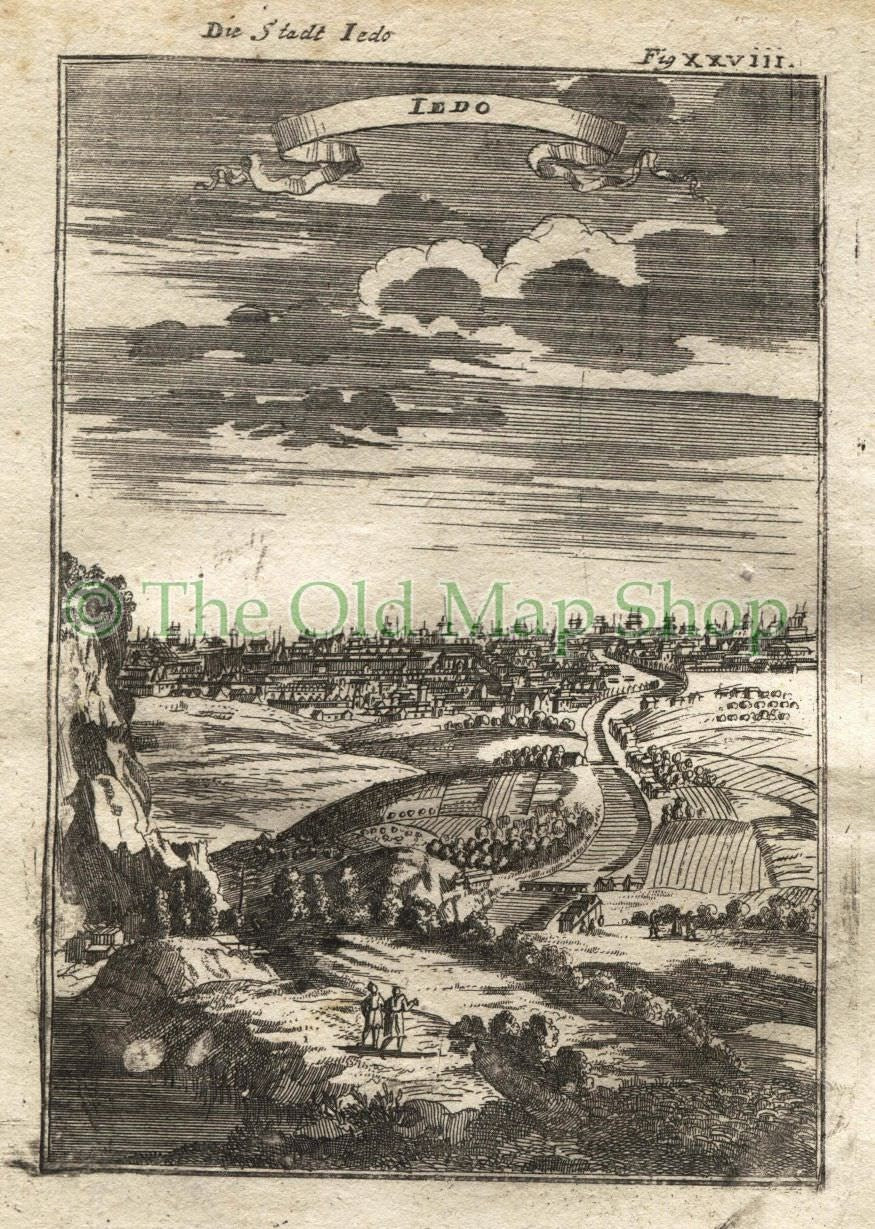 1719 Manesson Mallet "Iedo" Jedo, Yedo, Yeddo, Tokyo, Japan, Antique Print published by Johann Adam Jung