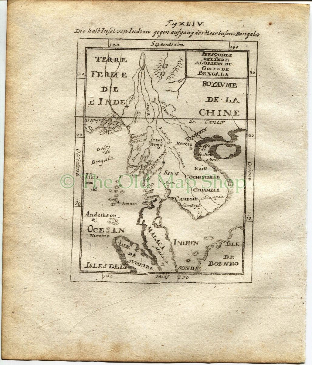 1719 Manesson Mallet "Presquisle de l'Inde a l'Orient du Golfe de Bengala" India, Malaysia, China, Antique Map published by Johann Adam Jung