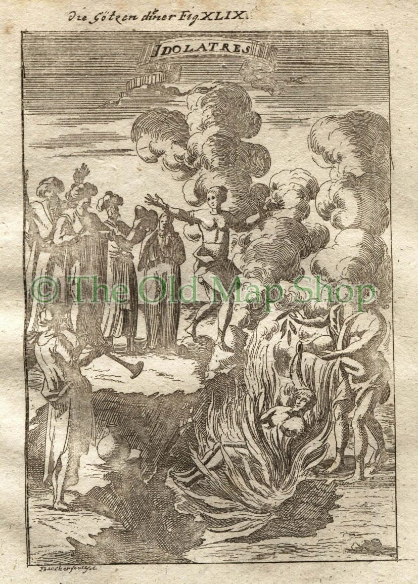 1719 Manesson Mallet "Idolatres" India, Funeral Pyre, Hindu Cremation, Antique Print published by Johann Adam Jung
