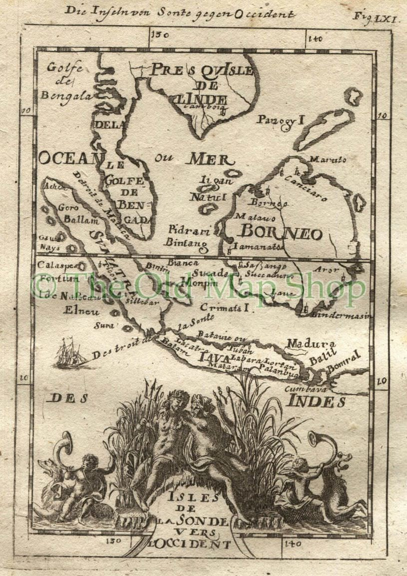 1719 Manesson Mallet Antique Map "Isles de la Sonde vers l'Occident" Borneo Indonesia Java Malaysia Sumatra, published by Johann Adam Jung