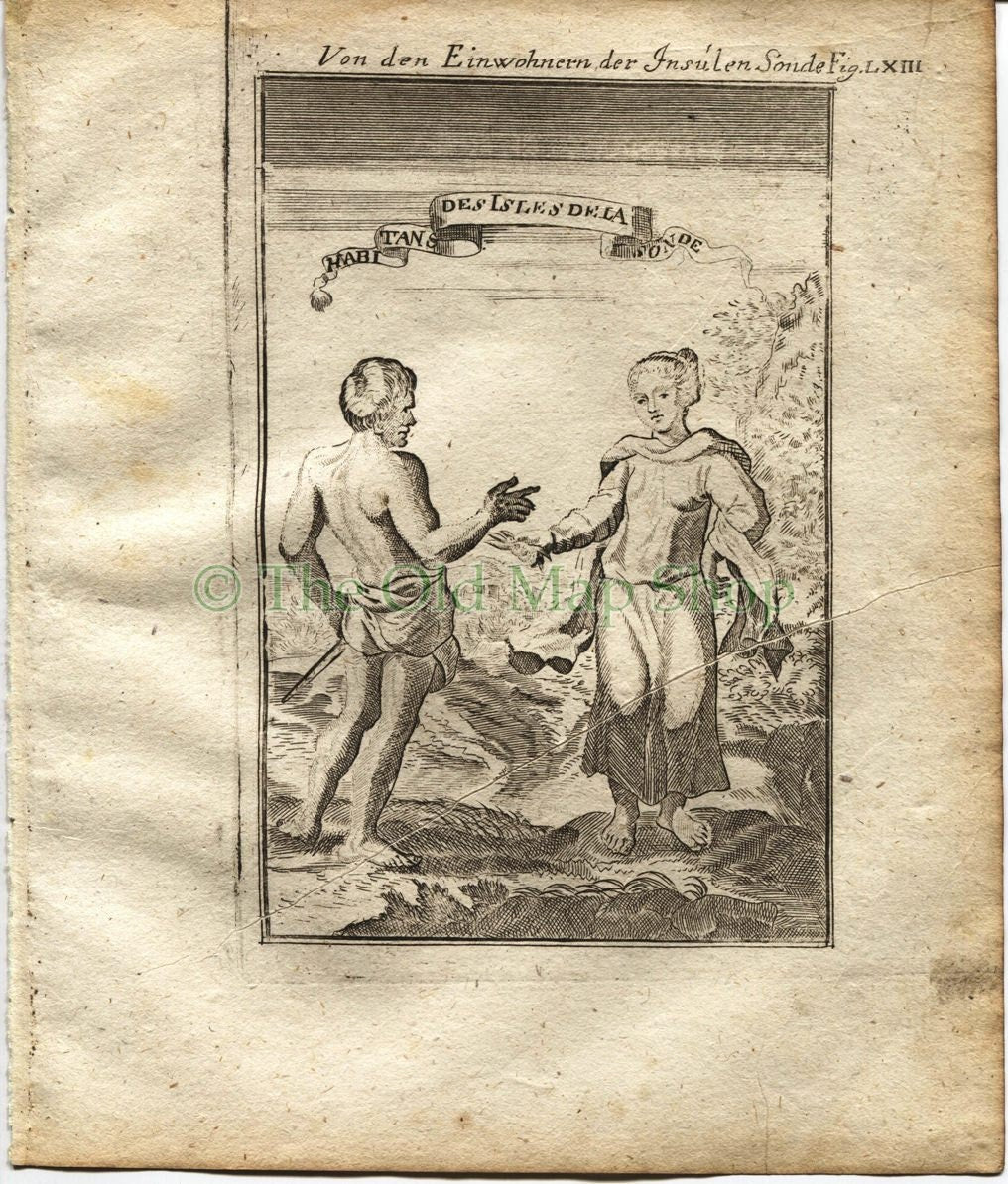 1719 Manesson Mallet "Habitans des Isles de la Sonde" Costume Sunda Java Indonesia, Antique Print published by Johann Adam Jung