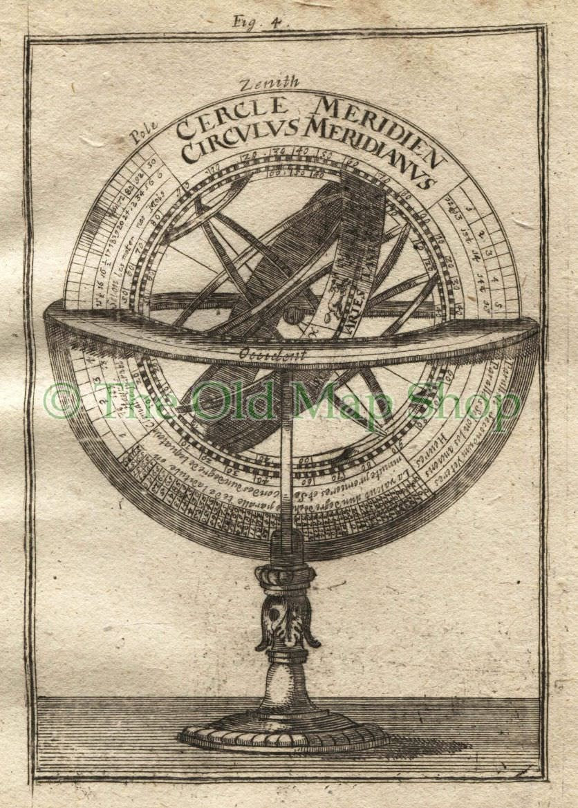 1719 Manesson Mallet "Cercle Meridien, Armillary Sphere fig. 4" Celestial Antique Print published by Johann Adam Jung