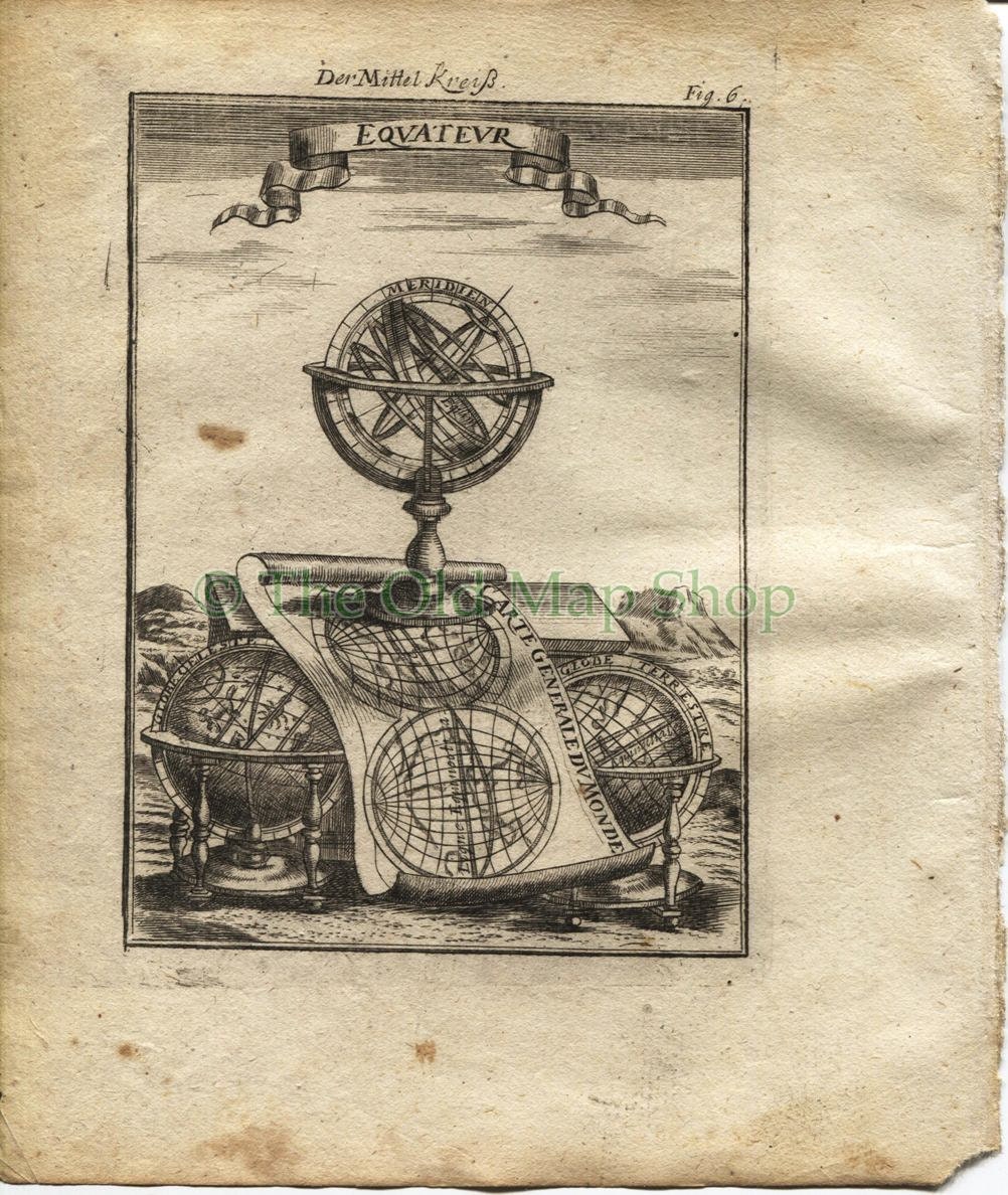 1719 Manesson Mallet "Equateur, Equator, Armillary Sphere fig. 6" Celestial Antique Print published by Johann Adam Jung