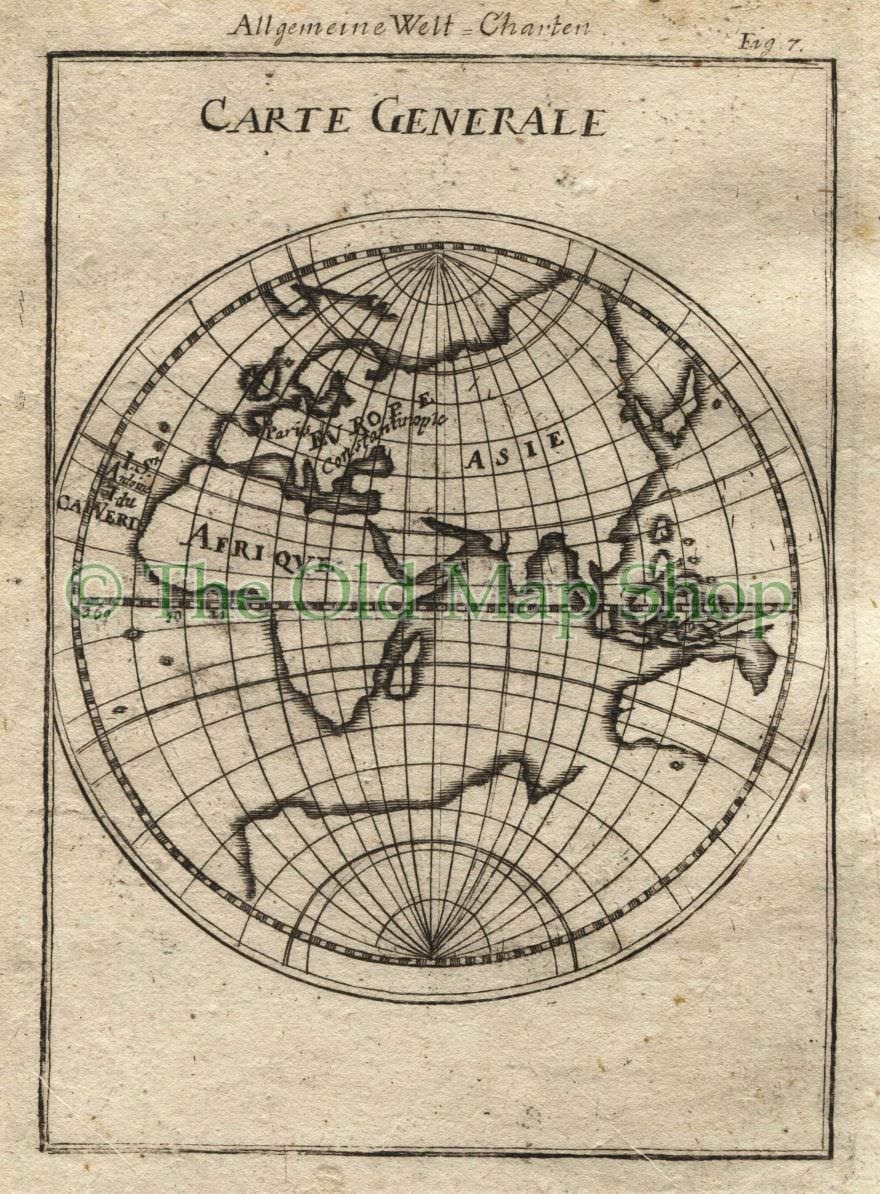 1719 Manesson Mallet "Carte Generale" Eastern Hemisphere, Australia, Africa, Asia, Europe, Antique Map published by Johann Adam Jung