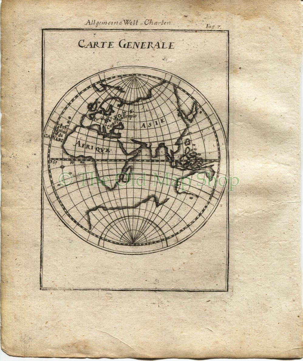 1719 Manesson Mallet "Carte Generale" Eastern Hemisphere, Australia, Africa, Asia, Europe, Antique Map published by Johann Adam Jung