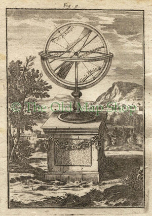 1719 Manesson Mallet Armillary Sphere fig. 9 Celestial Antique Print published by Johann Adam Jung