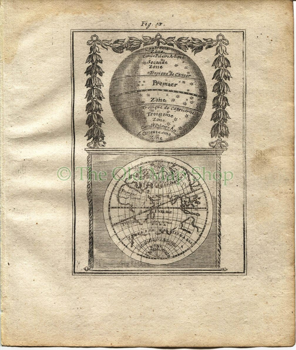 1719 Manesson Mallet Eastern Hemisphere Map, The Sky/Stars in 5 Zones, Celestial Antique Print published by Johann Adam Jung