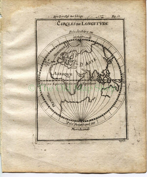 1719 Manesson Mallet "Cercles de Longitude" Eastern Hemisphere, Australia, Africa, Asia, Antique Map published by Johann Adam Jung