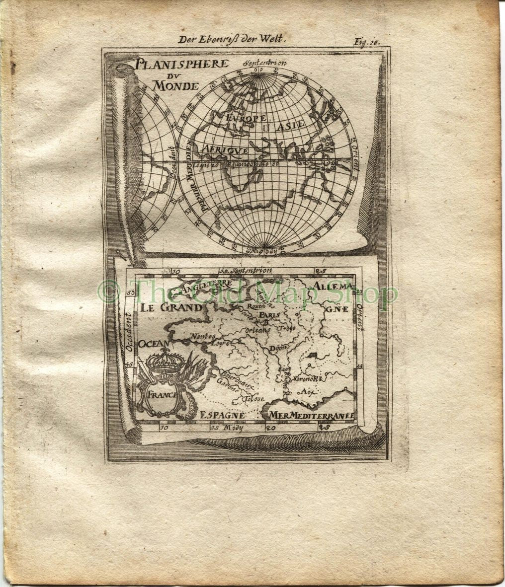 1719 Manesson Mallet "Planisphere du Monde & France", Australia, Africa, Asia, Antique Map published by Johann Adam Jung