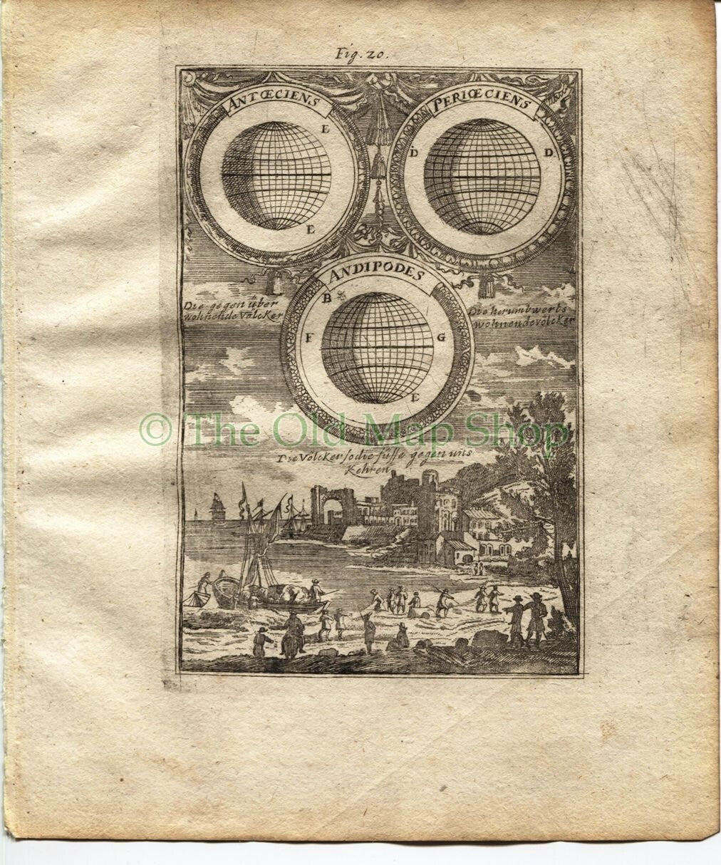 1719 Manesson Mallet "Antoeciens, Perioeciens, Antipodes", Celestial Antique Map, Print published by Johann Adam Jung