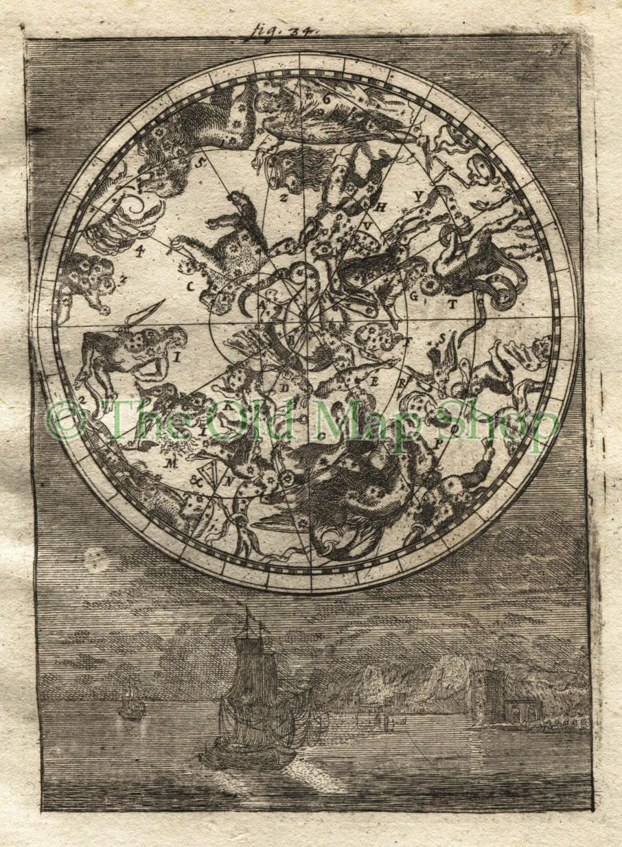1719 Manesson Mallet "Planisphere des Constellations Septentrionalles" Northern Night Sky, Man in Moon Celestial Astronomy Antique Map Print