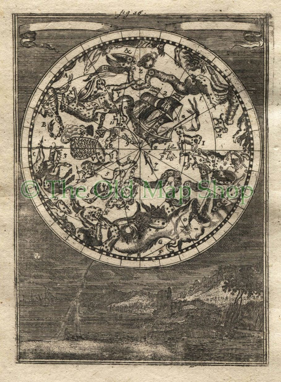 1719 Manesson Mallet "Planisphere des Constellations Meridionalles" Southern Night Sky, Man In Moon, Celestial, Astronomy, Antique Map Print