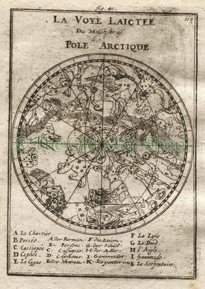 1719 Manesson Mallet "La Voye Laictee, Pole Arctique" Northern Sky, Milky Way, Star Constellation Map, Celestial, Astronomy, Antique Print