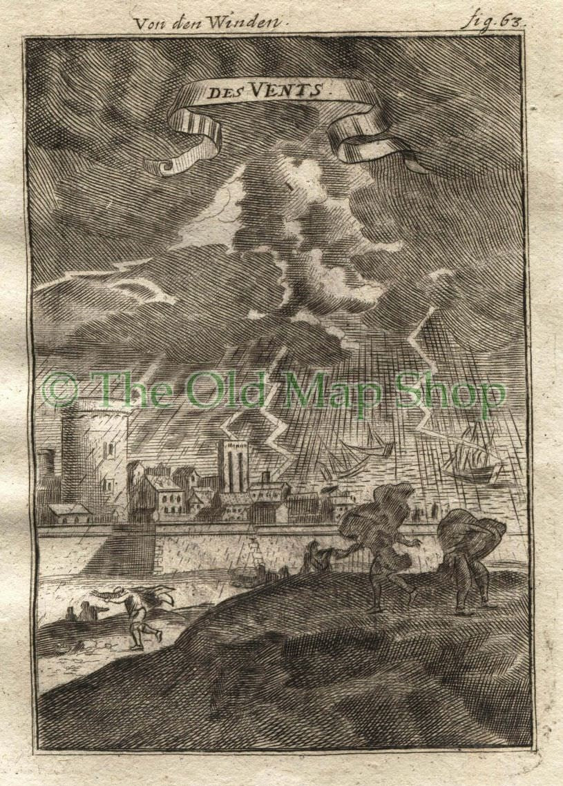 1719 Manesson Mallet "Des Vents" Lightning, Thunderstorm, Celestial Astronomy, Antique Print