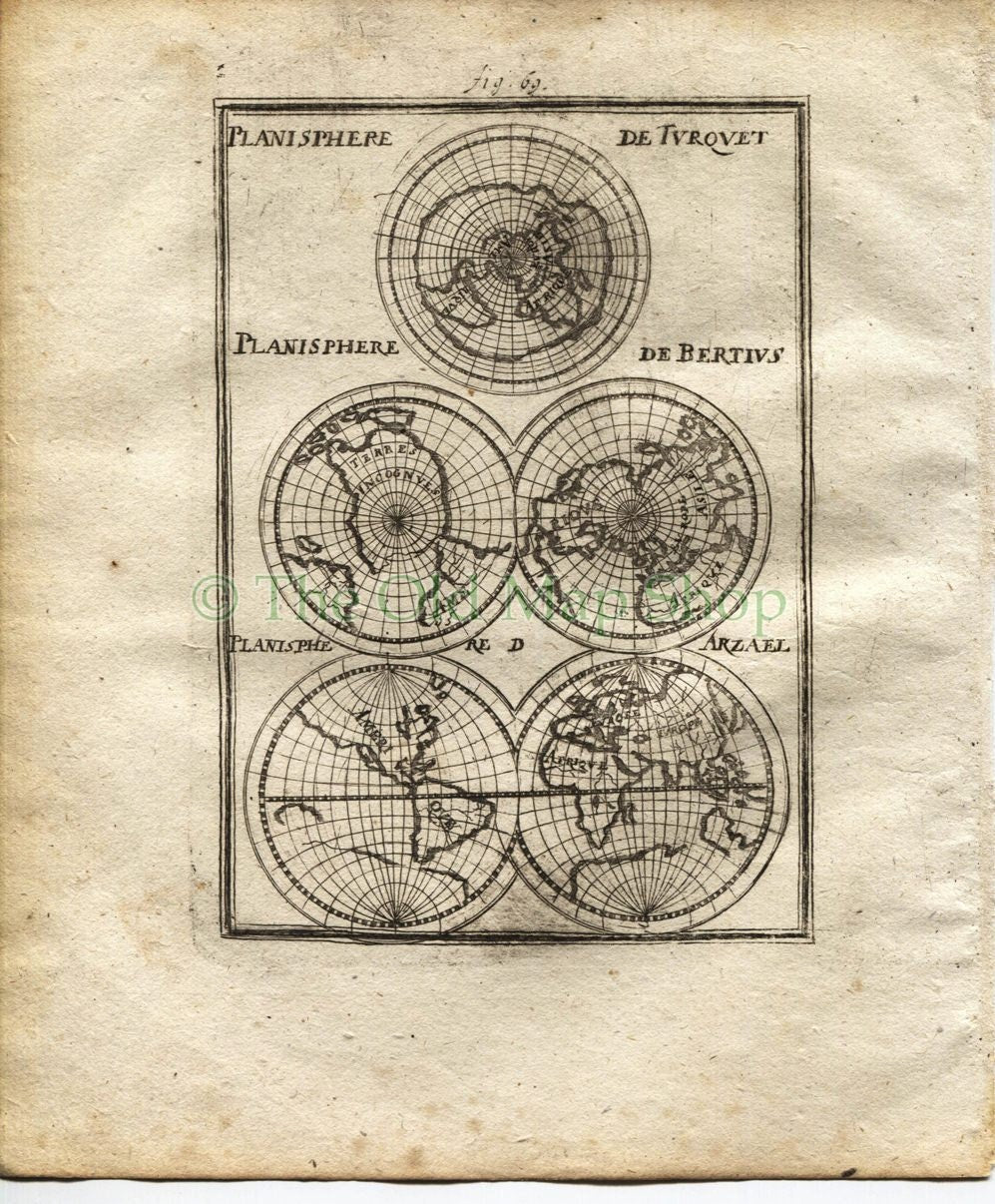 1719 Manesson Mallet World Planisphere Map, Maps by Turquet, Bertius, Arzael, Antique Print, published by Johann Adam Jung