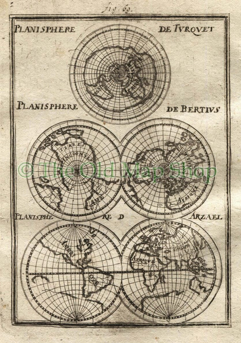1719 Manesson Mallet World Planisphere Map, Maps by Turquet, Bertius, Arzael, Antique Print, published by Johann Adam Jung