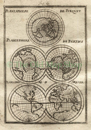1719 Manesson Mallet World Planisphere Map, Maps by Turquet, Bertius, Arzael, Antique Print, published by Johann Adam Jung