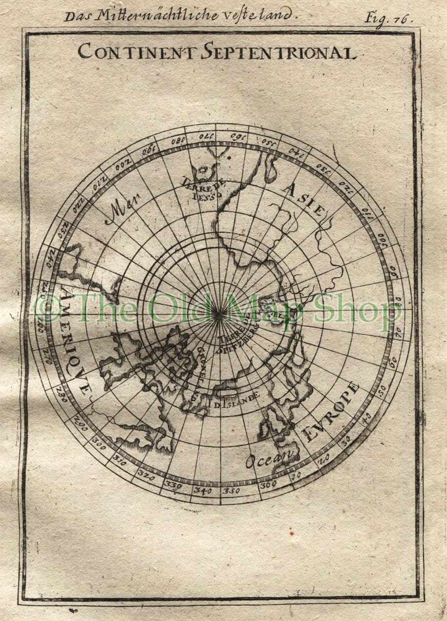 1719 Manesson Mallet "Continent Septentrional" Northern Hemisphere, Arctic, World Map, Antique Print