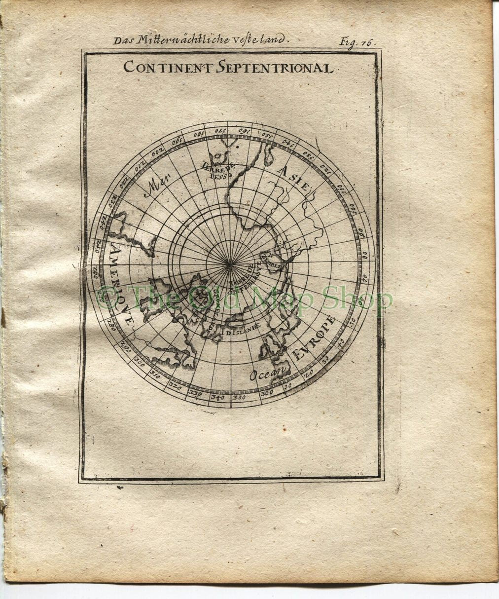 1719 Manesson Mallet "Continent Septentrional" Northern Hemisphere, Arctic, World Map, Antique Print