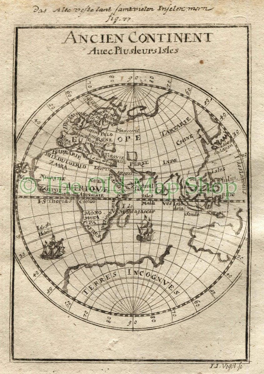 1719 Manesson Mallet "Ancien Continent Avec Plusieurs Isles" Eastern Hemisphere, Australia Africa Europe Asia World Map, Antique Print