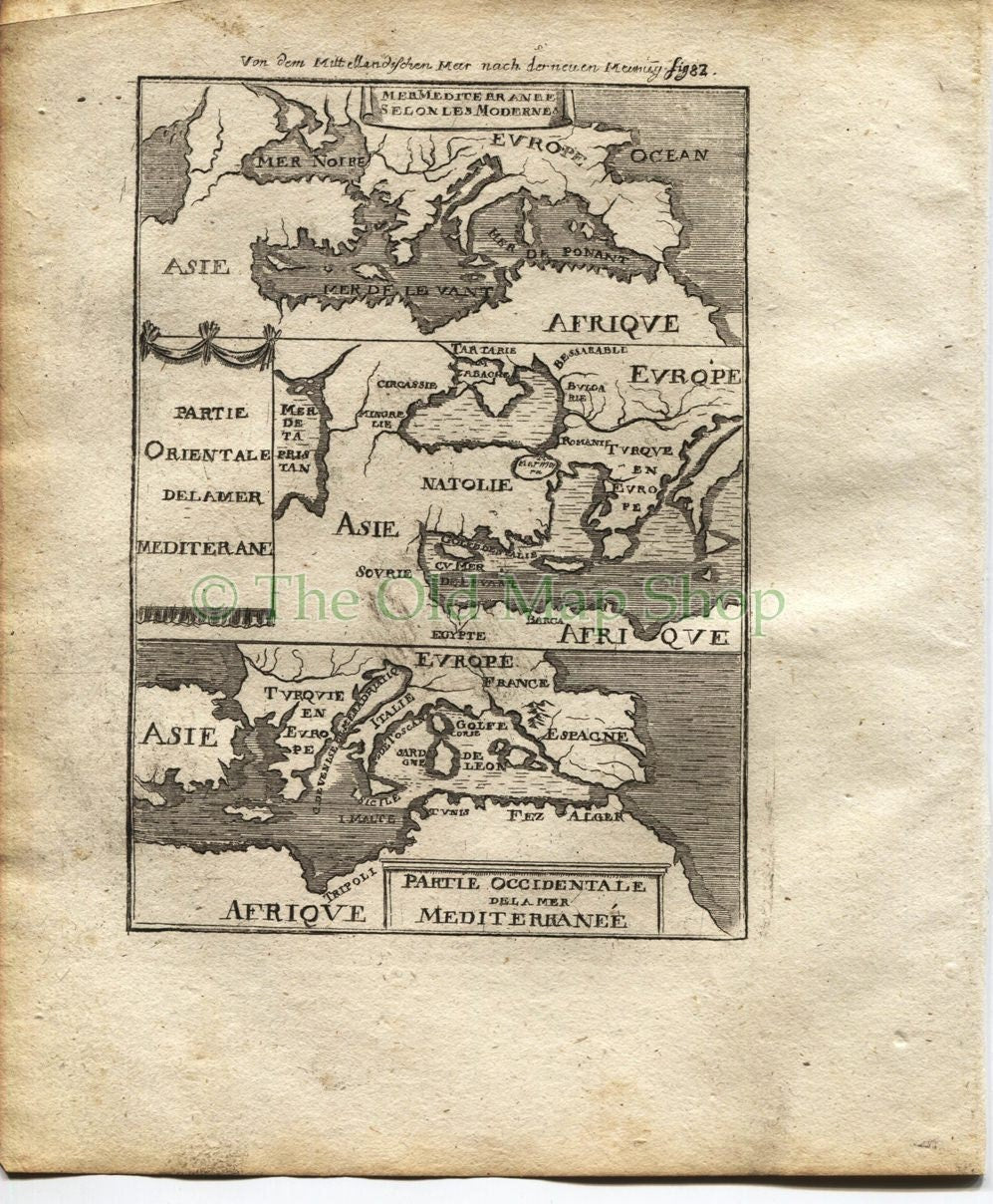 1719 Manesson Mallet "Mer Mediterranee Selon Les Modernes" Mediterranean Map, Antique Print, published by Johann Adam Jung