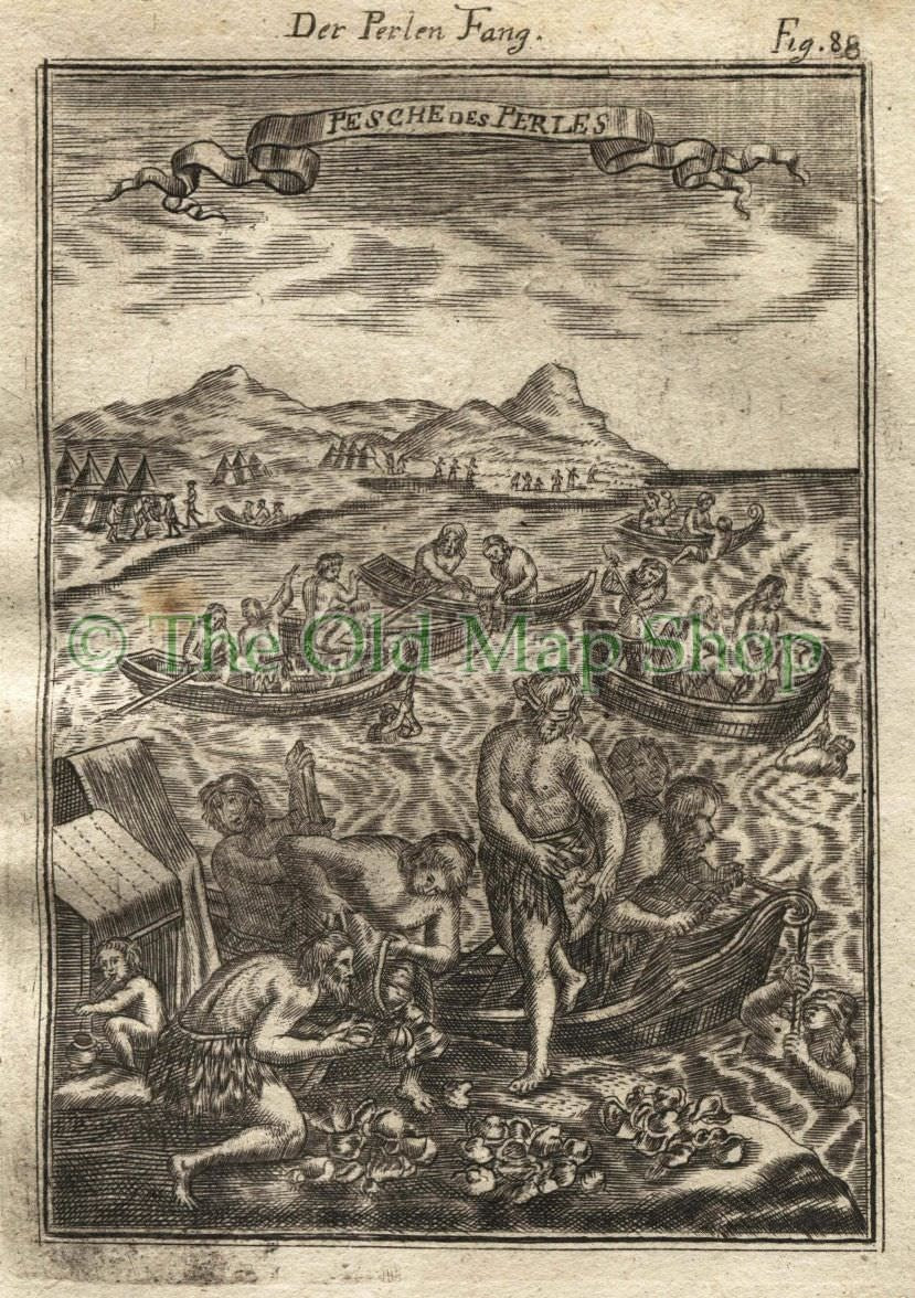 1719 Manesson Mallet "Pesche Des Perles" Pearl Diving Fishing, Fishermen, Antique Print