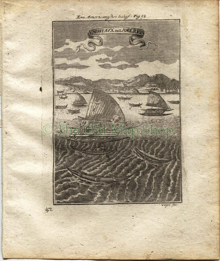 1719 Manesson Mallet "Vaisseaux de l'Ameriq" South America, Sailing Boats, Rafts, Antique Print