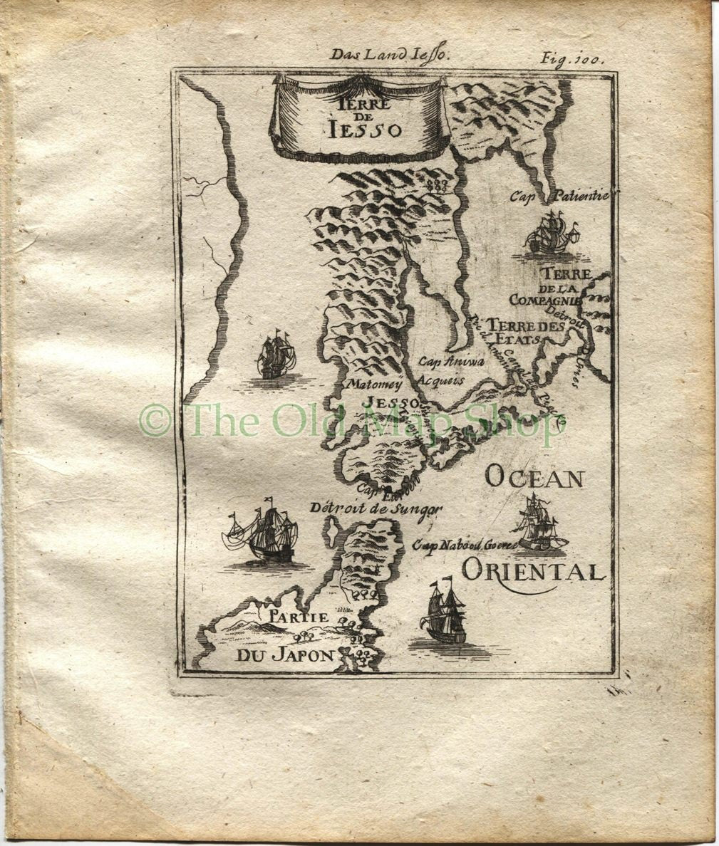 1719 Manesson Mallet Antique Map "Terre de Jesso", Northern Japan, Honshu, Hokkaido, Tsugaru Straits, Print published by Johann Adam Jung
