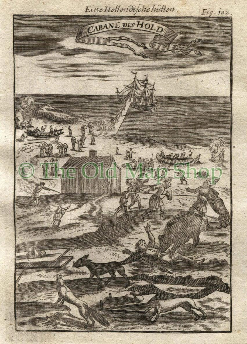 1719 Manesson Mallet "Cabane Des Hold" Willem Barentsz expedition to Novaya Zemlya, Russia, Polar Bears, Wolves, Antique Print