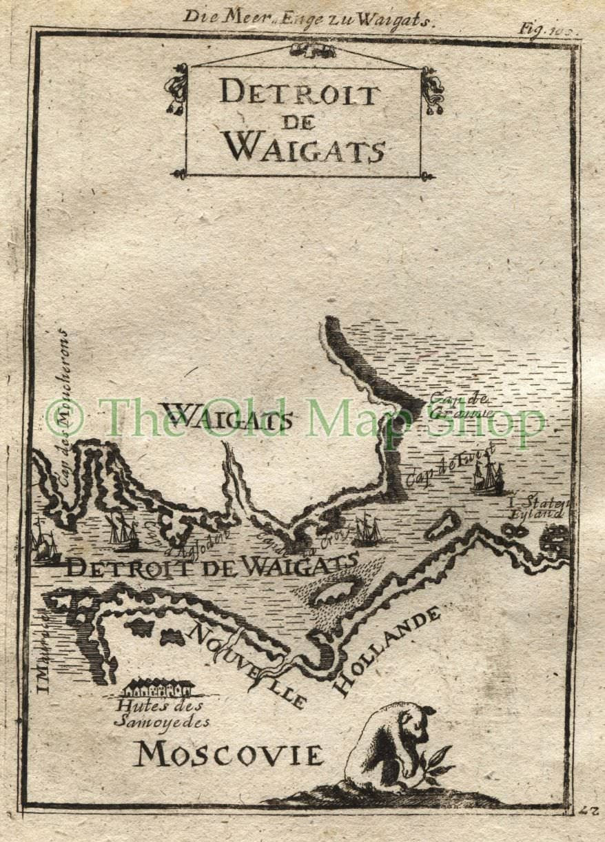 1719 Manesson Mallet "Detroit de Waigats" Russia Arctic, Yugorsky Strait, Vaygach Island, Antique Map, Print