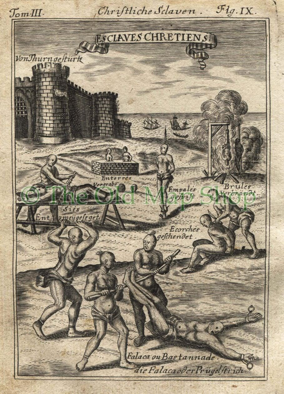 1719 Manesson Mallet "Esclaves Chretiens" Christian Slaves Tortured, Executed, Torture, Execution, Barbary North Africa, Antique Print