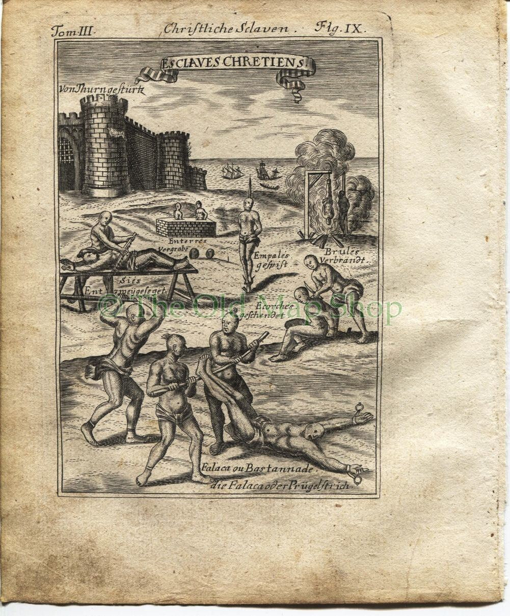 1719 Manesson Mallet "Esclaves Chretiens" Christian Slaves Tortured, Executed, Torture, Execution, Barbary North Africa, Antique Print