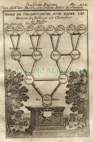 1719 Manesson Mallet Malta, Ancestral Tree, Knight Hospitaller of Malta, Proof of Nobility, Antique Print