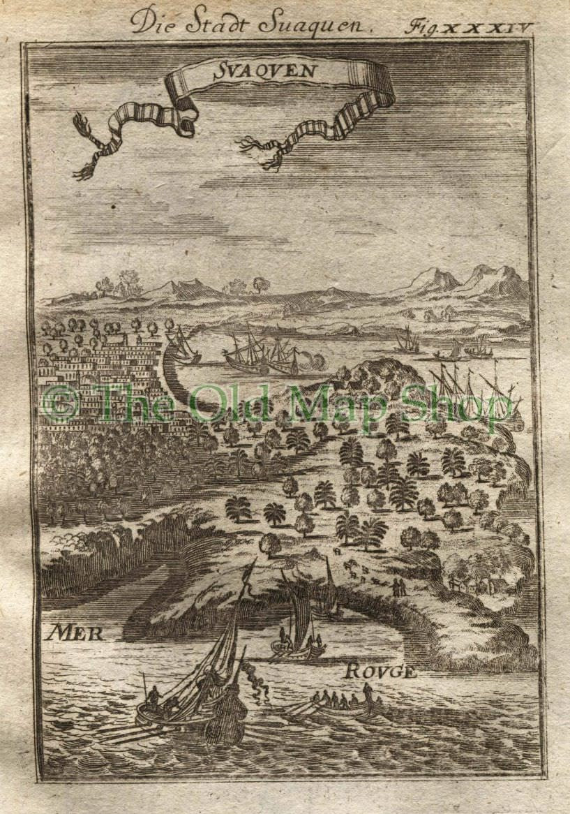 1719 Manesson Mallet "Suaquen" Suakin, Sudan, Red Sea Port, Boats, Antique Print