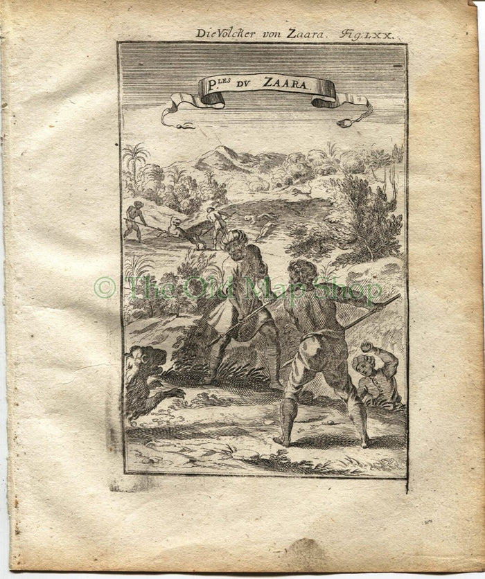 1719 Manesson Mallet "P.les du Zaara" Hunting Lions, Africa, Antique Print