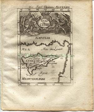 1719 Manesson Mallet Antique Map Isles de Cypre, Cyprus, Limassol, Nicosia, Turkey, published by Johann Adam Jung