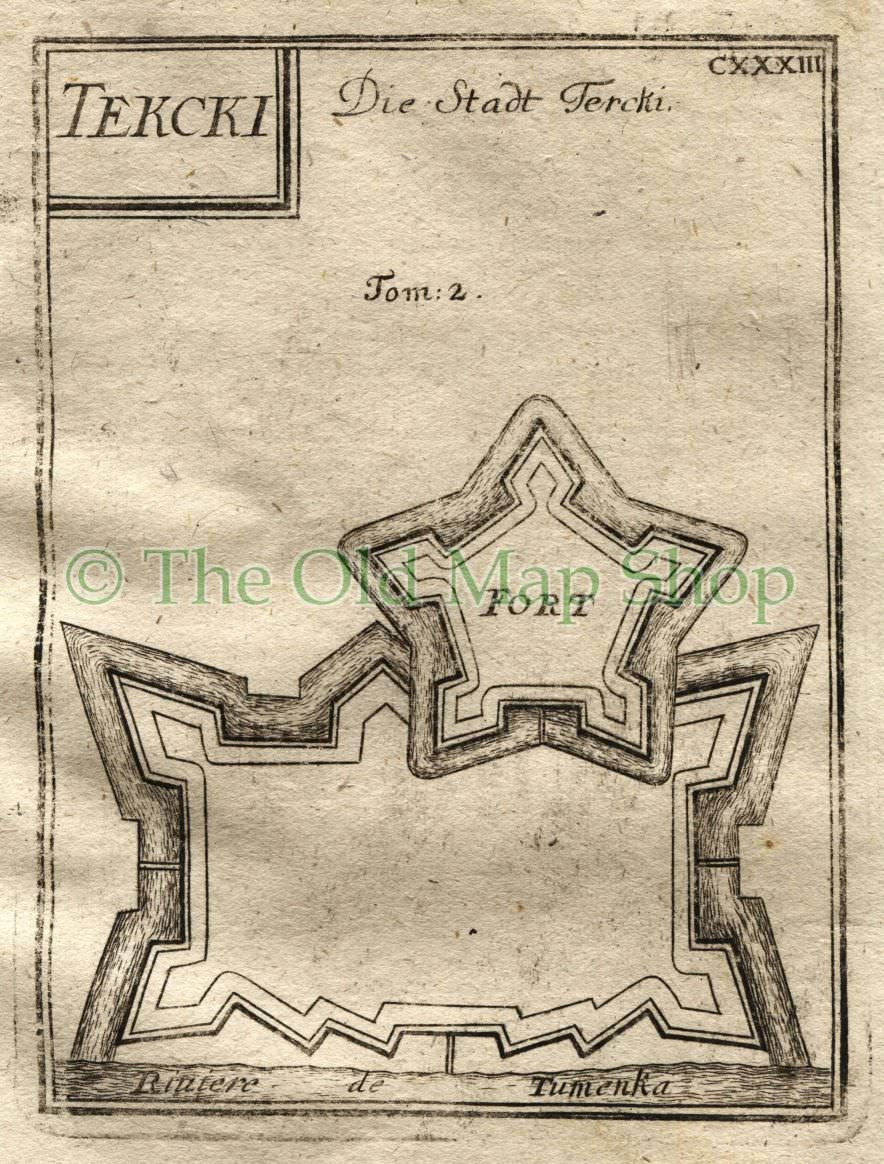 1719 Manesson Mallet Antique Map Fort Tekcki, (Terki), Tumenka river (Terek) Russian Caucasus published by Johann Adam Jung