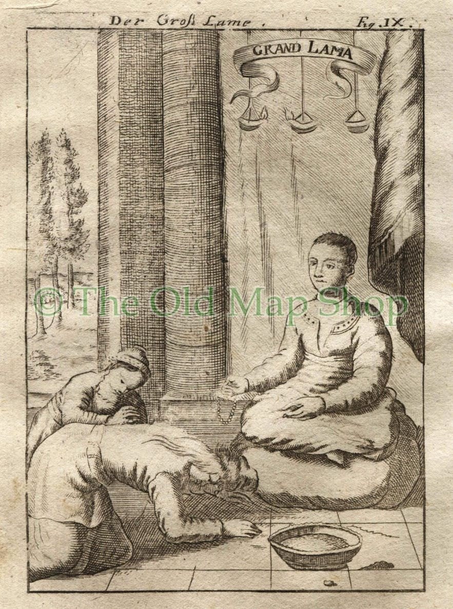 1719 Manesson Mallet "Grand Lama" 5th Dalai Lama (Ngawang Lobsang Gyatso) Tibet, Antique Print published by Johann Adam Jung