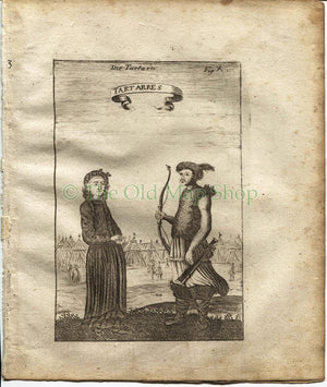 1719 Manesson Mallet "Tartarres" Central Asia, Warrior & Woman Sword, Bow and Arrow, Antique Print published by Johann Adam Jung