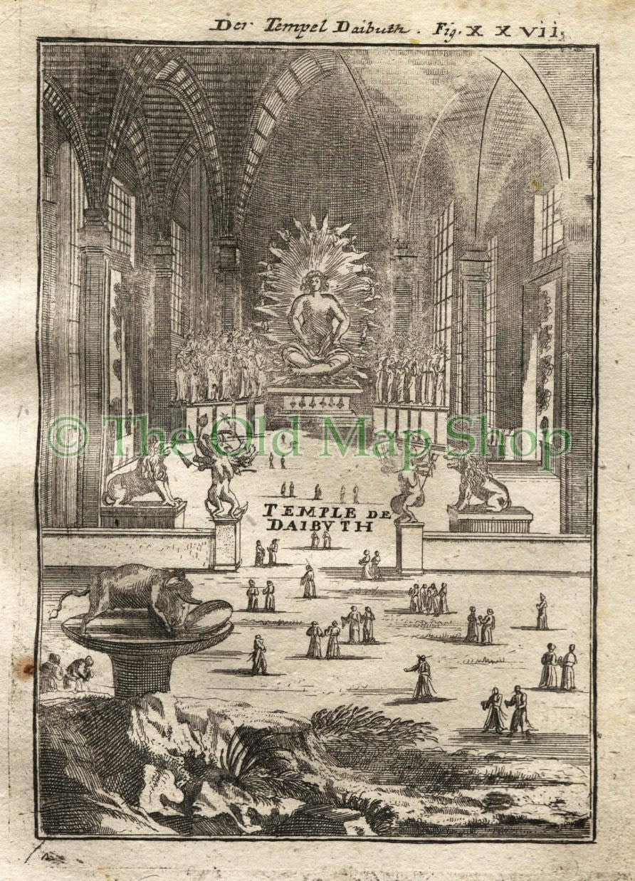 1719 Manesson Mallet "Temple de Daibuth" Daibutsu-Hoko-ji Kyoto ??, Japan, Antique Print published by Johann Adam Jung